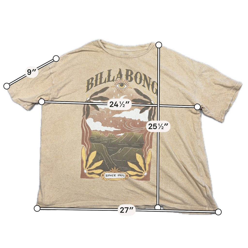 Second Half Supply Co, LLC tan Billabong boxy graphic tee with celestial moon, eye, and coastal landscape print.
