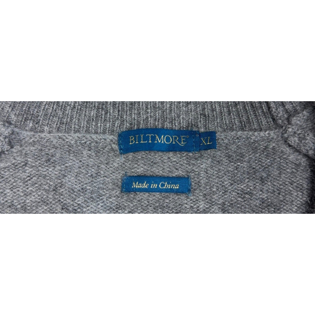 Second Half Supply Co, LLC Biltmore gray cashmere sweater label showing size XL and country of origin
