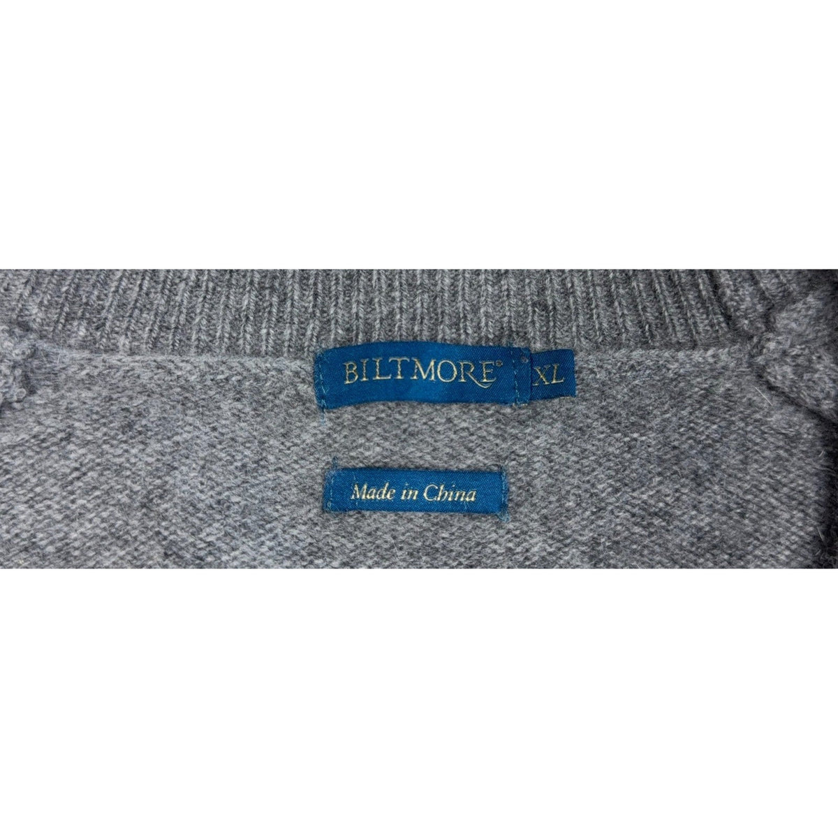 Second Half Supply Co, LLC Biltmore gray cashmere sweater label showing size XL and country of origin