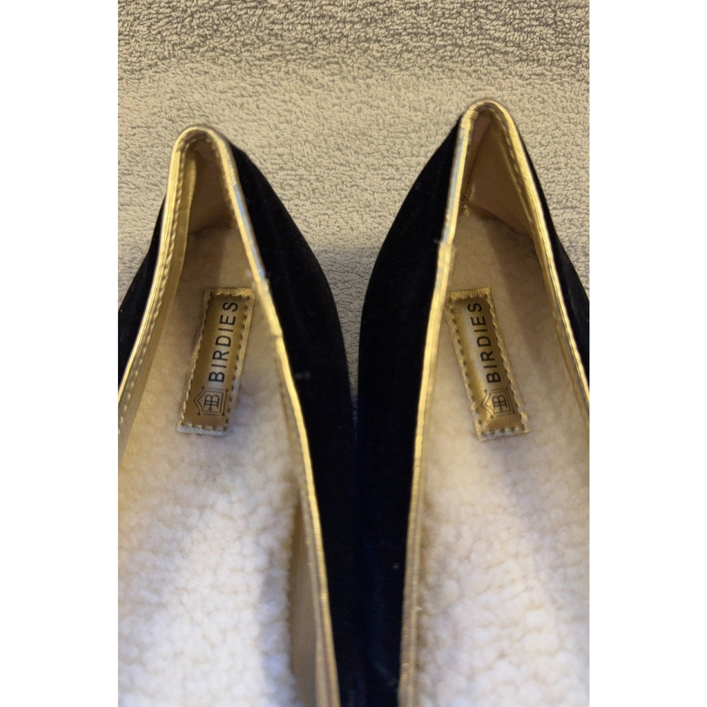 Second Half Supply Co, LLC black velvet Birdies smoking slippers with gold piping and cream faux-fur footbeds