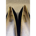 Second Half Supply Co, LLC black velvet Birdies smoking slippers with gold piping and cream faux-fur footbeds