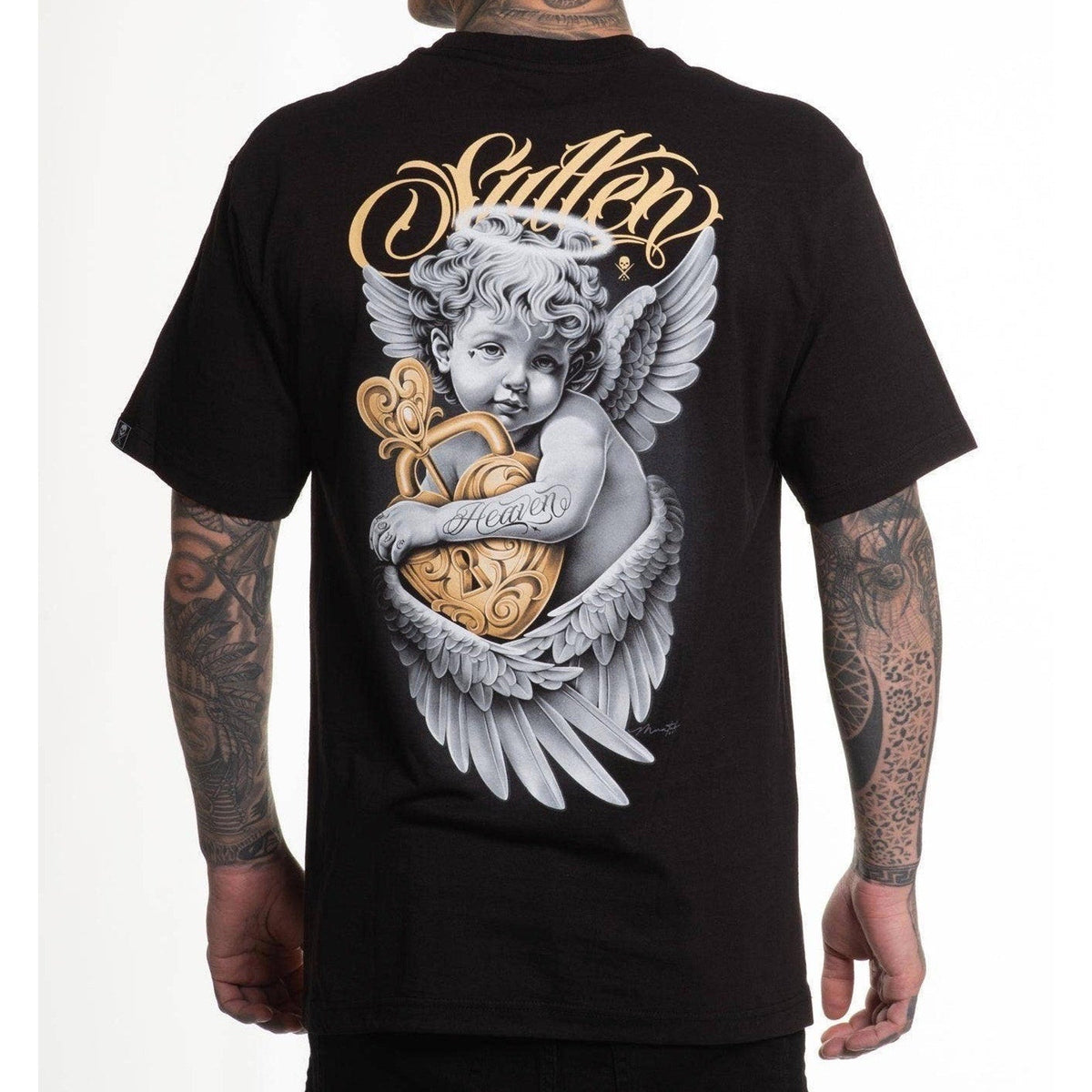 Second Half Supply Co, LLC black Sullen Art Collective Heavenly graphic t-shirt with back angel and heart-lock art