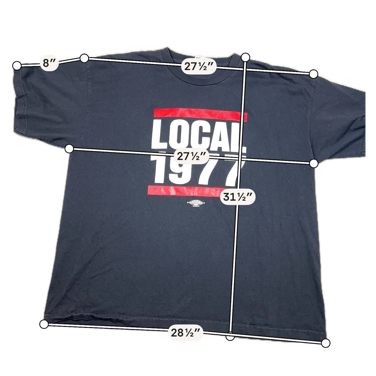 Second Half Supply Co, LLC black heavyweight cotton Carpenters Local 1977 union graphic t-shirt with measurements