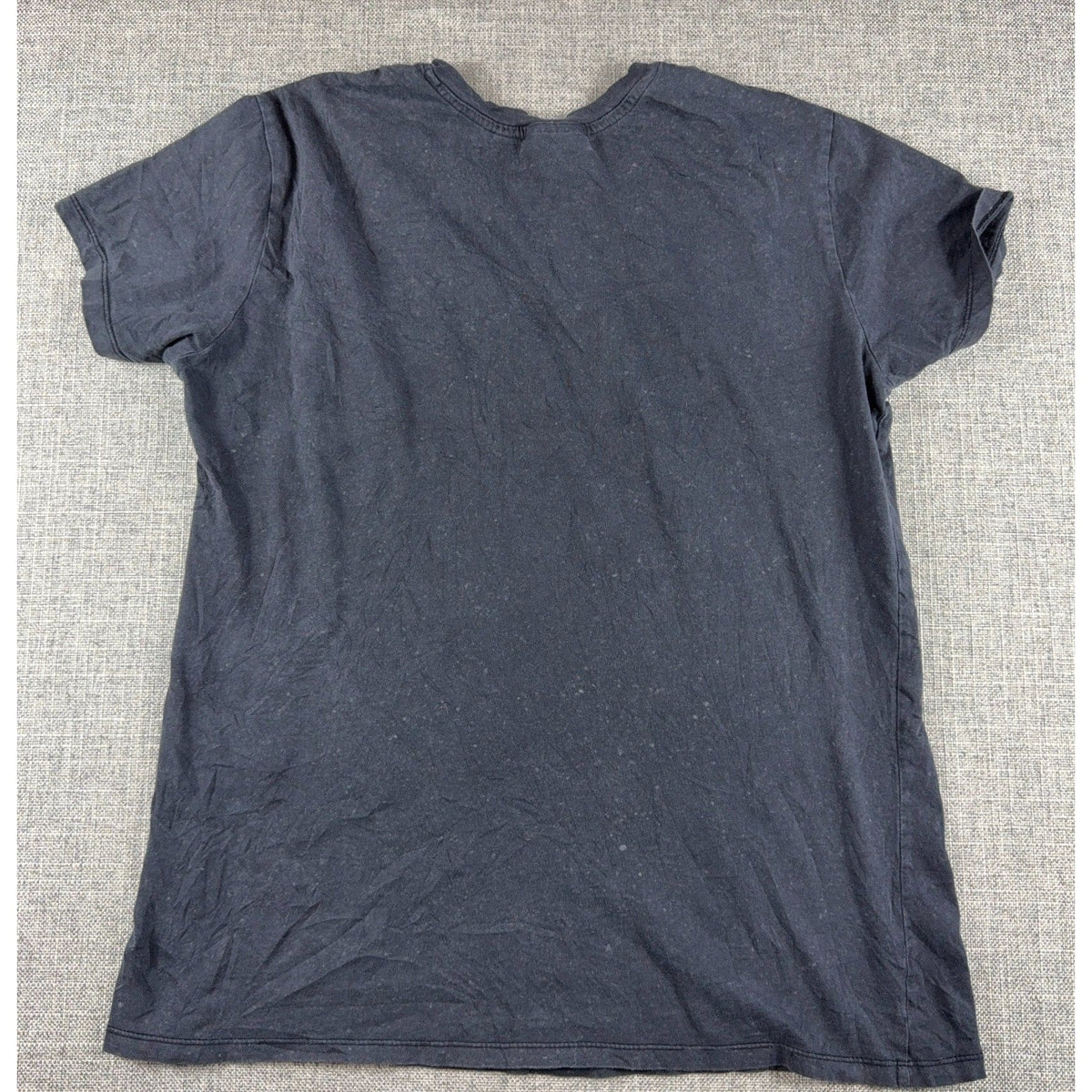 Second Half Supply Co, LLC charcoal black distressed cotton T-shirt, back view of plain vintage rock band tee.