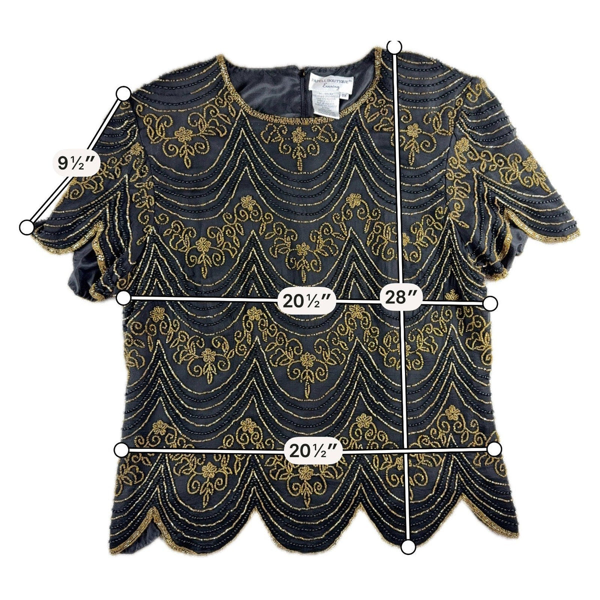Second Half Supply Co, LLC black silk blouse with gold Art Deco beadwork, scalloped edges, and short sleeves.
