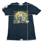 Second Half Supply Co, LLC black crewneck t-shirt with yellow and white brick wall graphic and sleeve key detail.