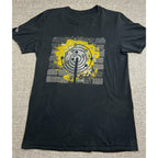 Second Half Supply Co, LLC black crewneck t-shirt with a yellow and white brick wall graphic design on the front