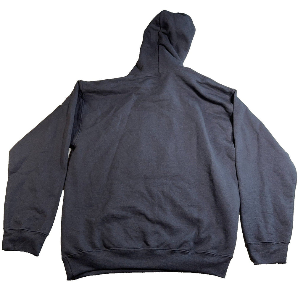 Back view of a plain black Second Half Supply Co, LLC pullover hoodie with a drawstring hood and ribbed hem.