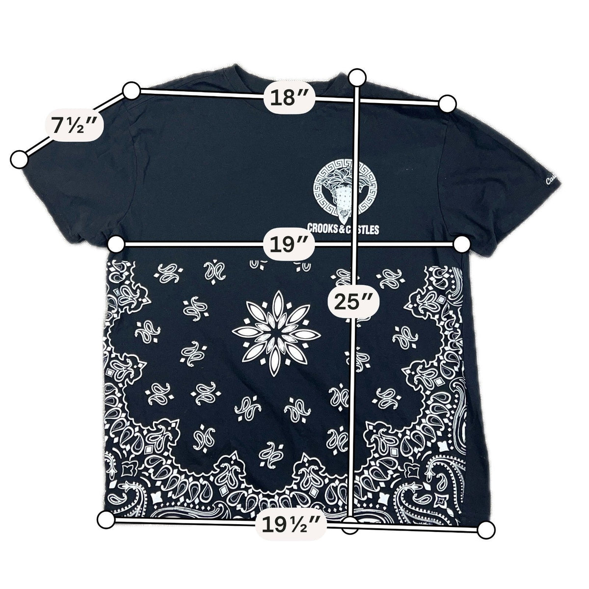 Second Half Supply Co, LLC black cotton graphic tee with Medusa logo and white paisley bandana print for men