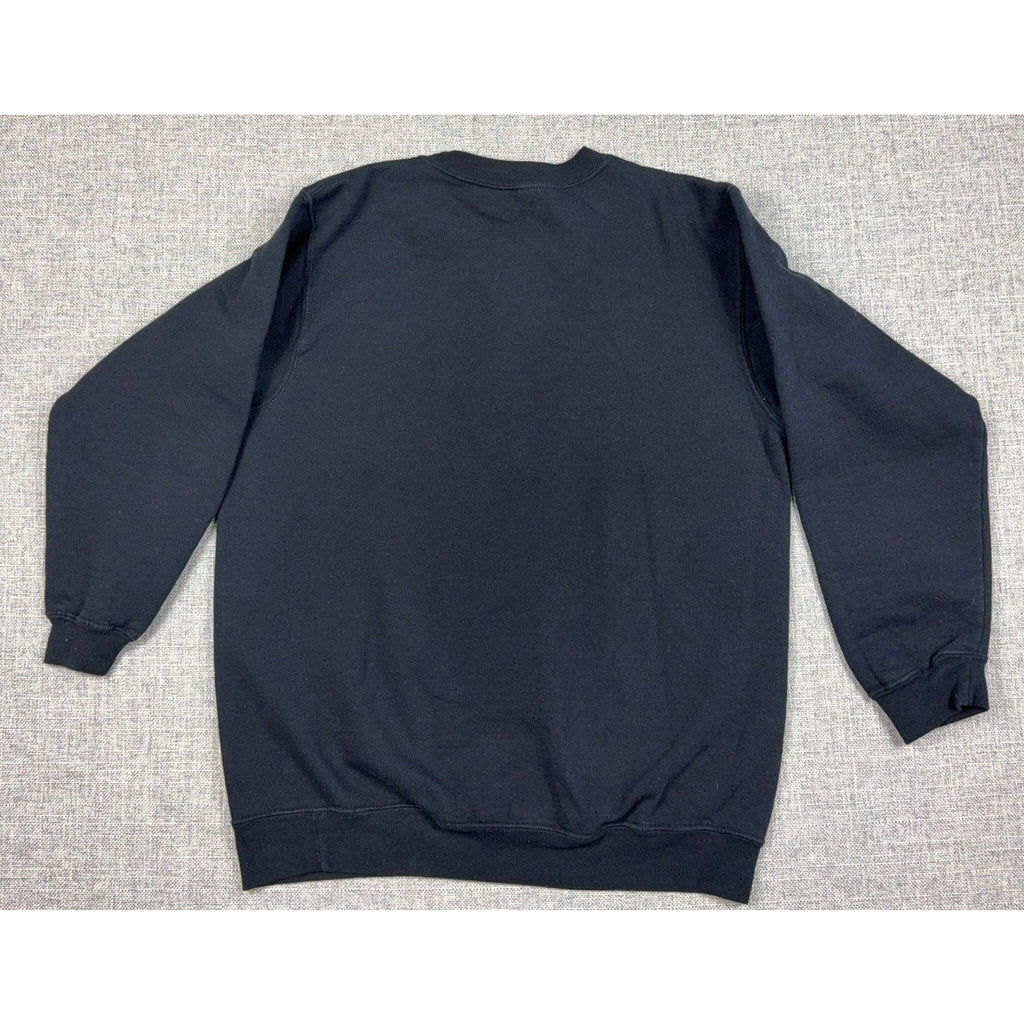 Second Half Supply Co, LLC black crewneck sweatshirt, back view, plain cotton-blend fabric.