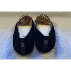 Second Half Supply Co, LLC black velvet Birdies flats with gold piping and embroidered heel logo detail