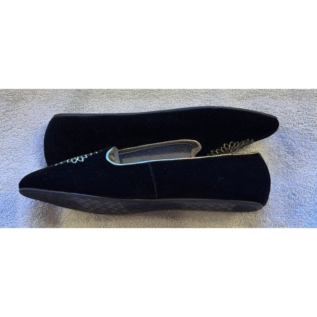 Second Half Supply Co, LLC black velvet Birdies flats with gold floral embroidery and metallic piping