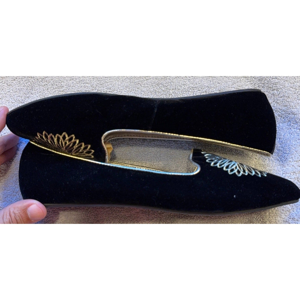 Second Half Supply Co, LLC black velvet Birdies smoking slippers with gold floral embroidery and metallic piping