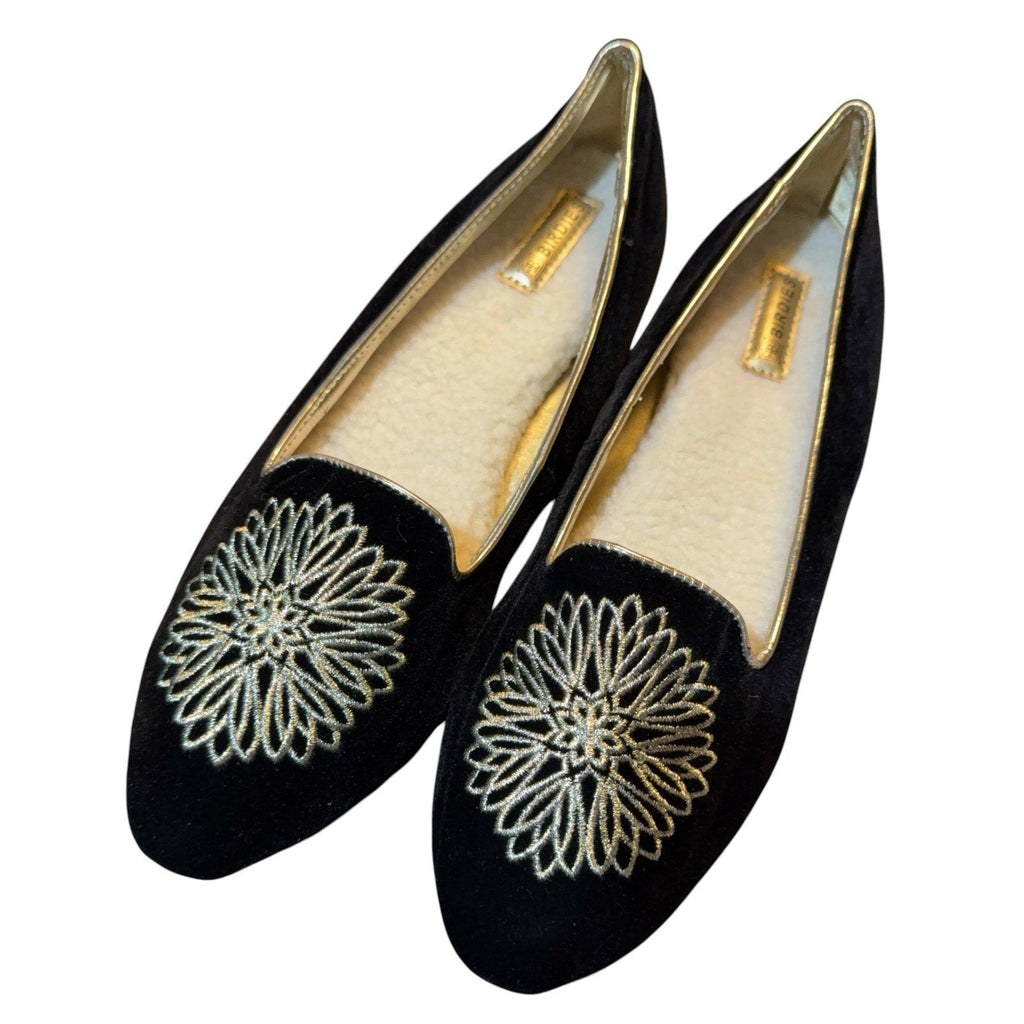 Second Half Supply Co, LLC black velvet Birdies flats with gold floral embroidery, piping, and cream faux-fur lining.