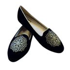 Second Half Supply Co, LLC black velvet Birdies smoking slippers with gold floral embroidery and cream faux-fur lining.