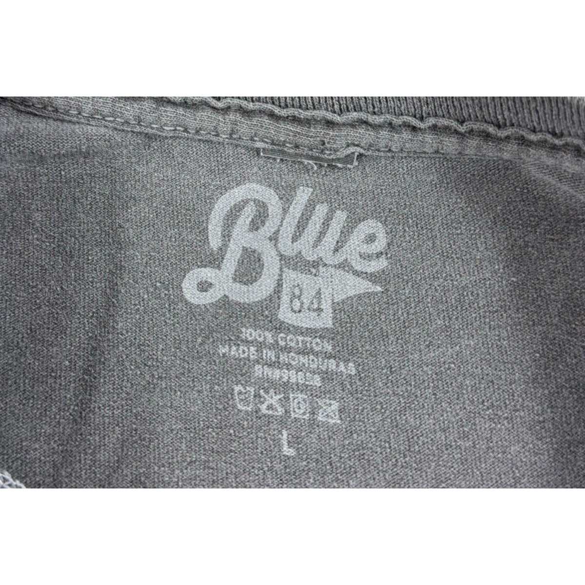 Second Half Supply Co, LLC Blue 84 charcoal gray cotton long sleeve shirt neck label and size tag