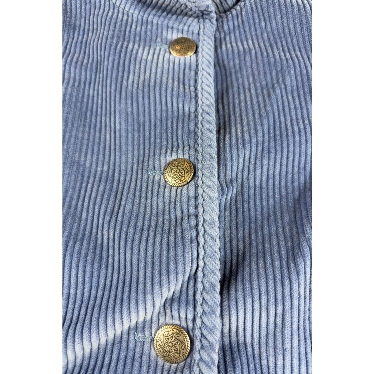 Second Half Supply Co, LLC vintage blue wide-wale corduroy jacket featuring ornate antique-style metal buttons