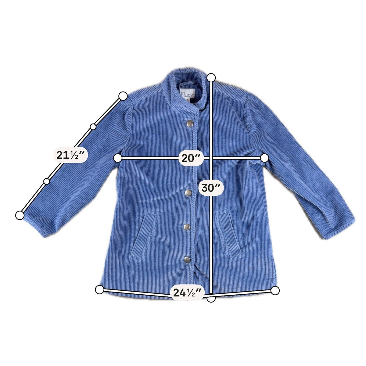 Second Half Supply Co, LLC vintage blue wide-wale corduroy jacket with stand collar and antique metal buttons.