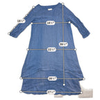 Second Half Supply Co, LLC blue linen-look layered A-line dress with 3/4 sleeves and measurements overlaid