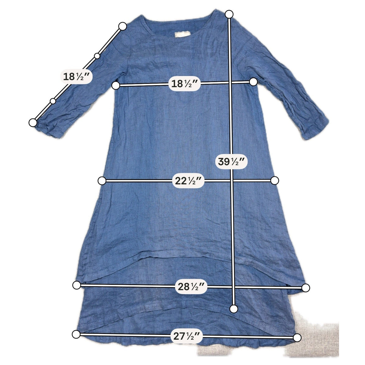 Second Half Supply Co, LLC blue linen-look layered A-line dress with 3/4 sleeves and measurements overlaid