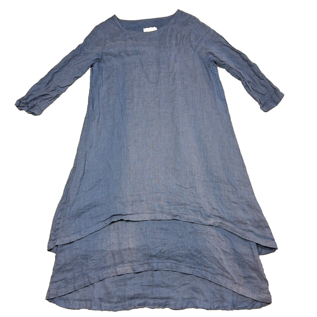 Second Half Supply Co, LLC blue linen-like lagenlook dress with 3/4 sleeves and a layered A-line hem.
