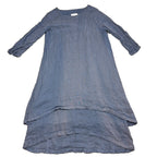 Second Half Supply Co, LLC blue linen-like lagenlook dress with 3/4 sleeves and a layered A-line hem.