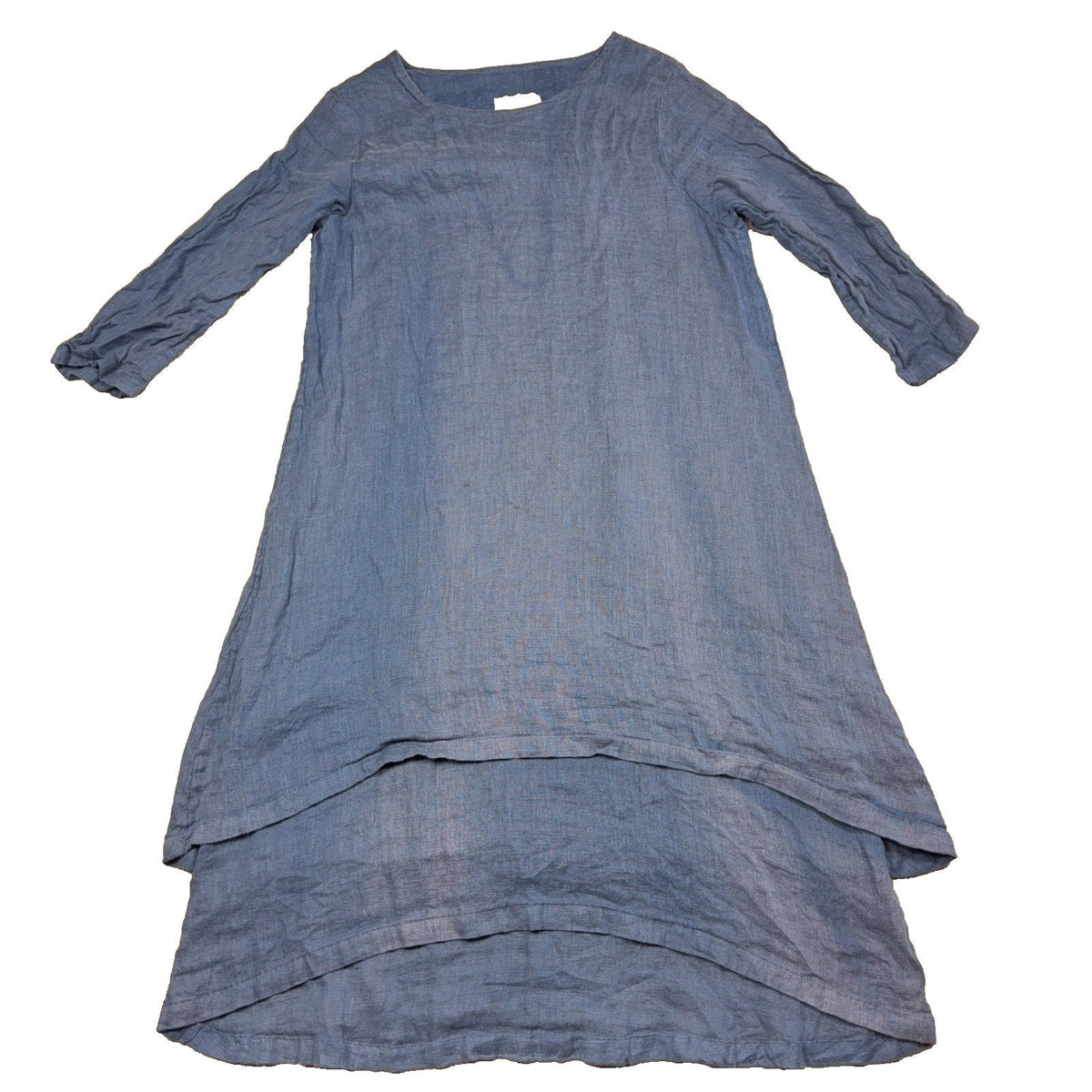 Second Half Supply Co, LLC blue linen-like lagenlook dress with 3/4 sleeves and a layered A-line hem.