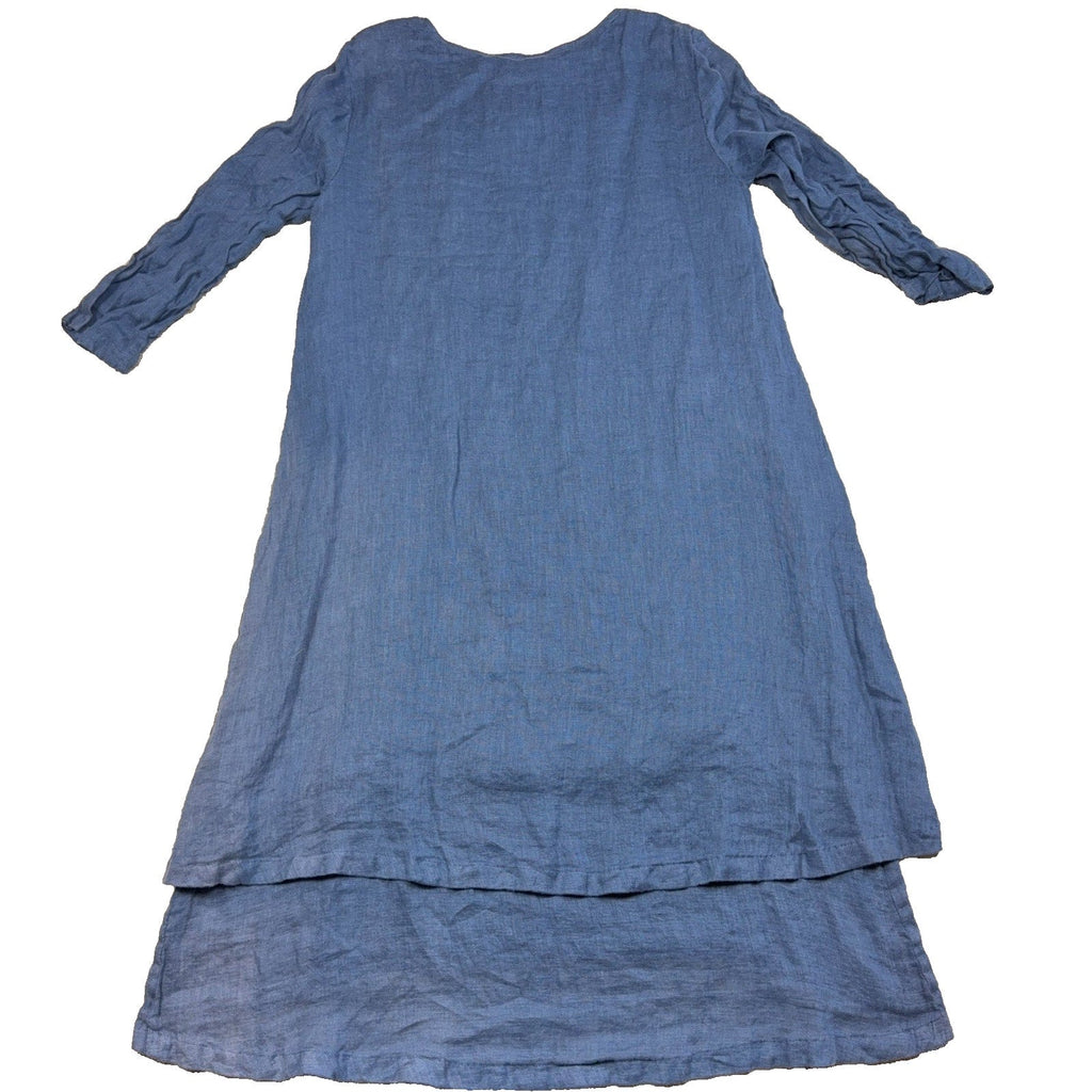 Second Half Supply Co, LLC blue linen-look layered A-line dress with three-quarter sleeves and a round neckline.