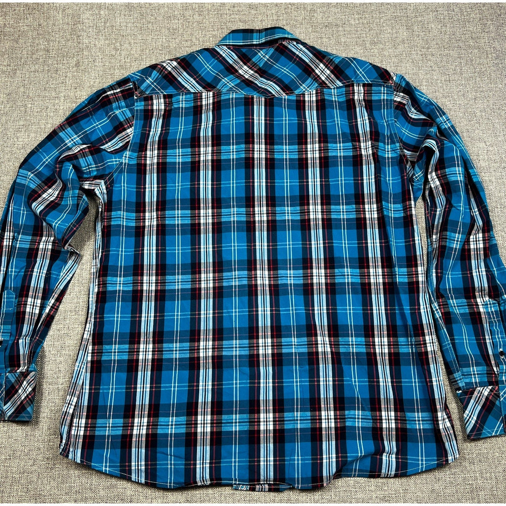 Back view of a Second Half Supply Co, LLC blue, black, and white plaid Western shirt with a classic pointed yoke.