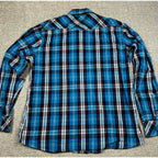 Back view of a Second Half Supply Co, LLC blue, black, and white plaid Western shirt with a classic pointed yoke.