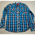 Second Half Supply Co, LLC men's blue plaid Western shirt with paisley trim, snap front, and dual chest pockets.