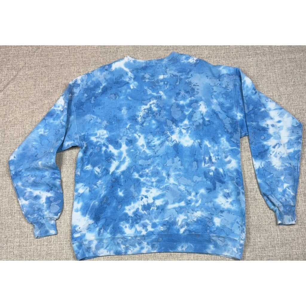 Second Half Supply Co, LLC blue and white tie dye crewneck sweatshirt back view with ribbed cuffs and hem