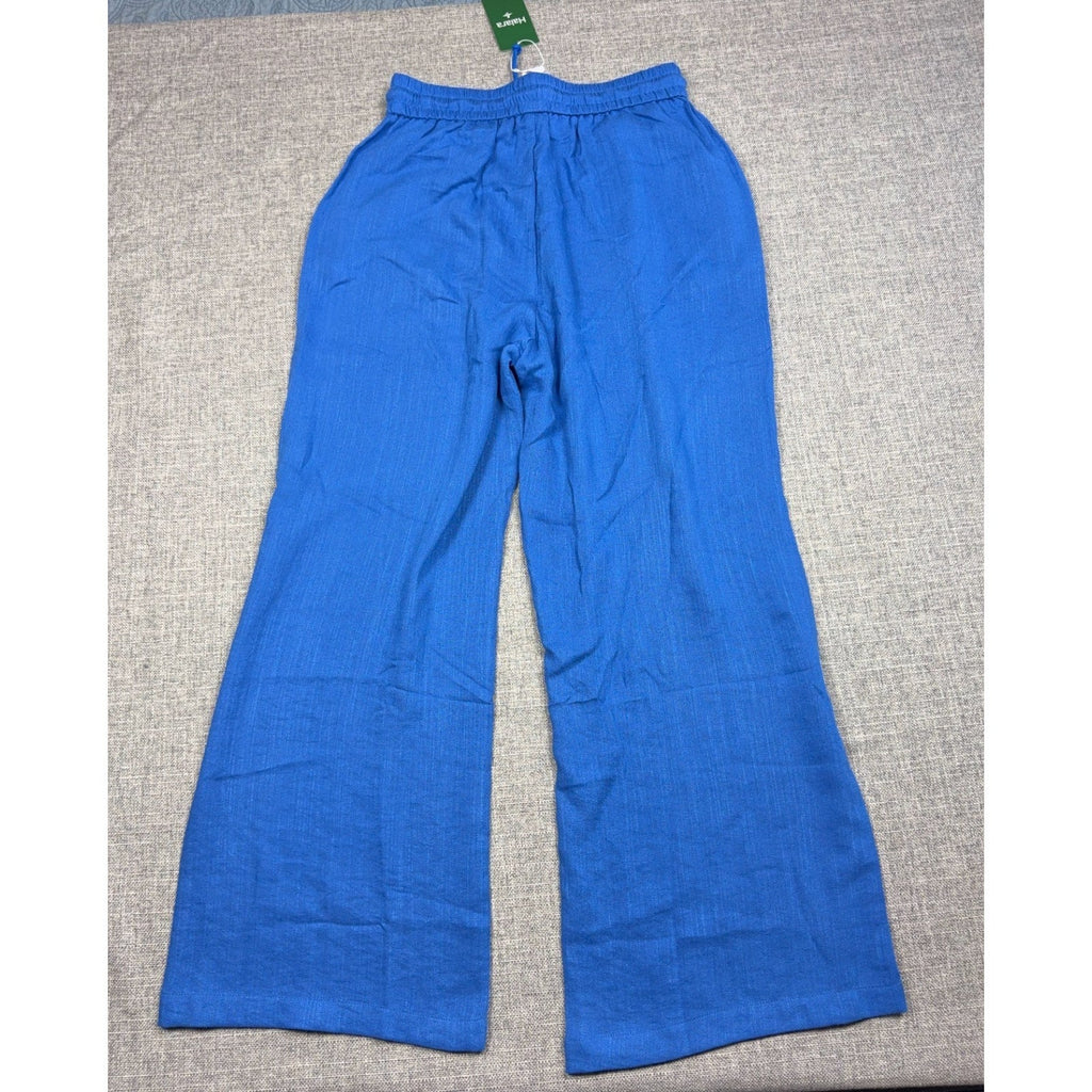 Second Half Supply Co, LLC electric blue wide-leg trousers with a high elastic drawstring waist and linen-feel fabric.