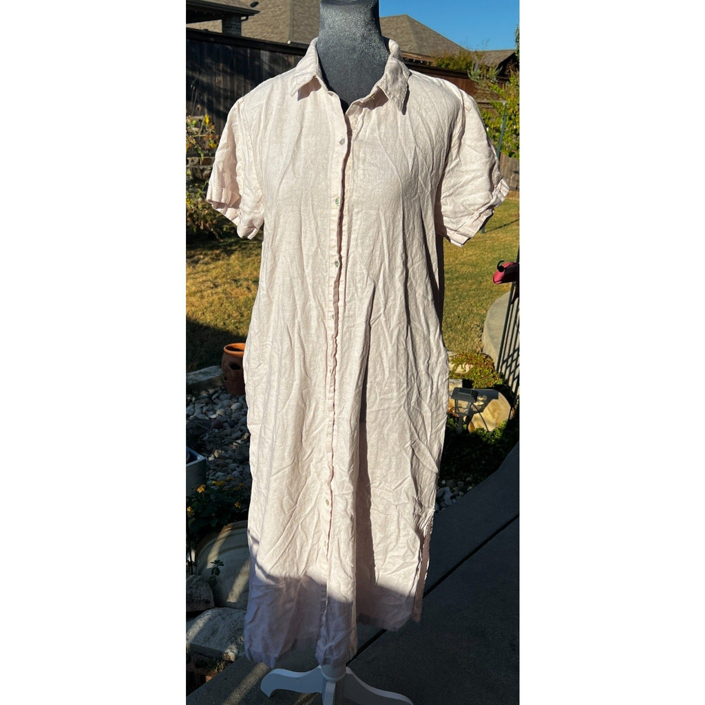Second Half Supply Co, LLC blush pink midi shirt dress with button-front closure and short sleeves on a mannequin.