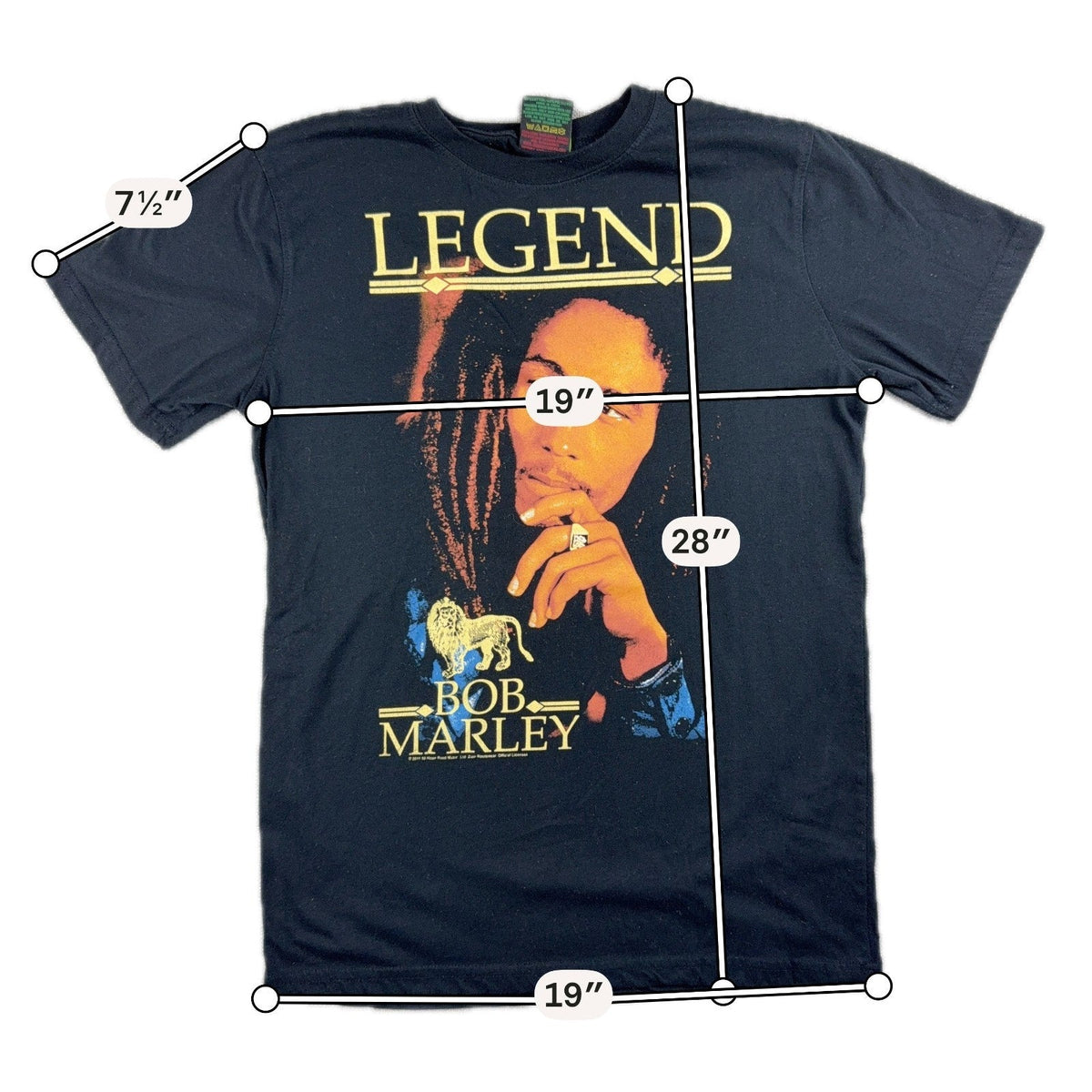 Second Half Supply Co, LLC black Bob Marley Legend graphic tee with orange and yellow portrait and Lion of Judah