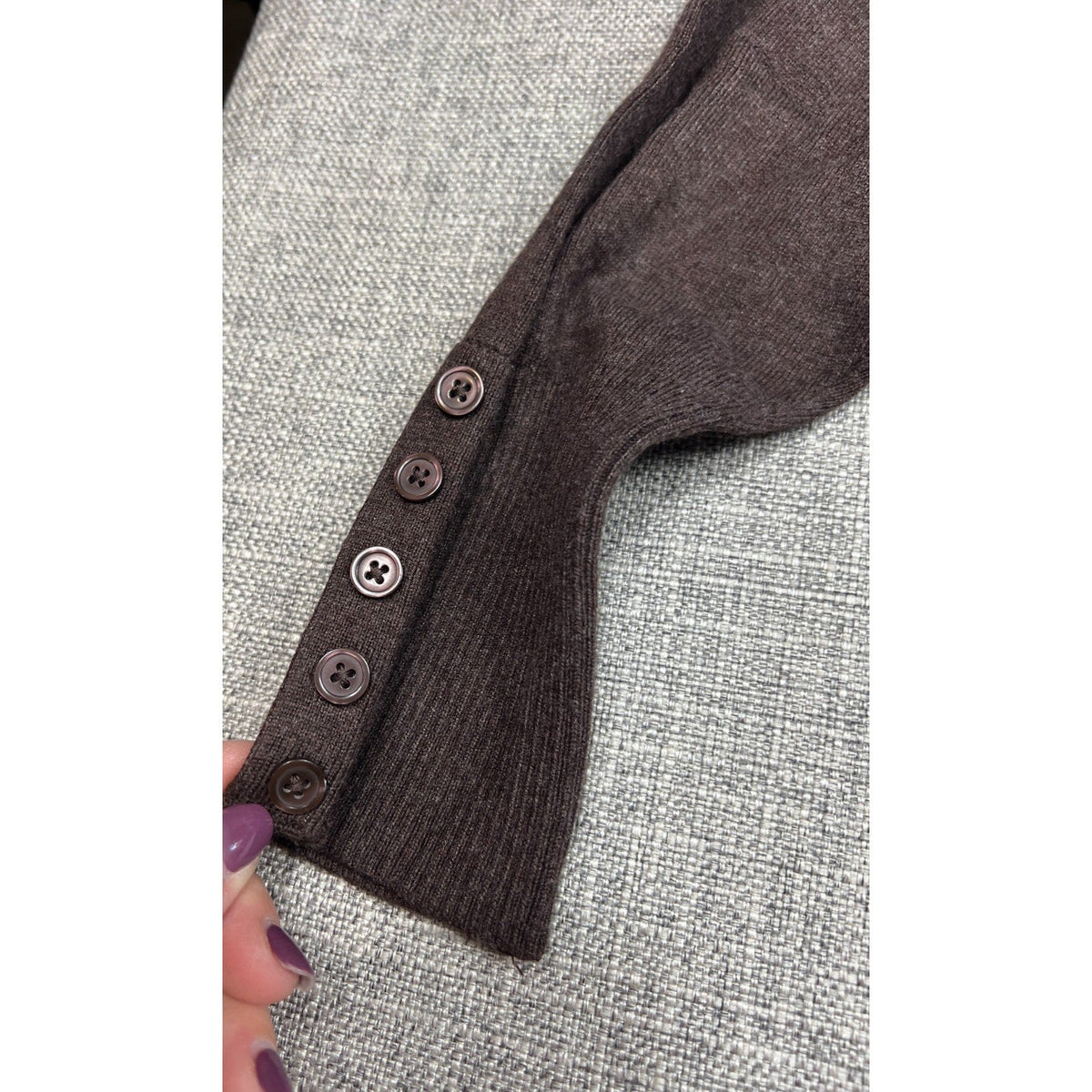 Second Half Supply Co, LLC chocolate brown Lane Bryant turtleneck sweater sleeve with five button ribbed cuff detail