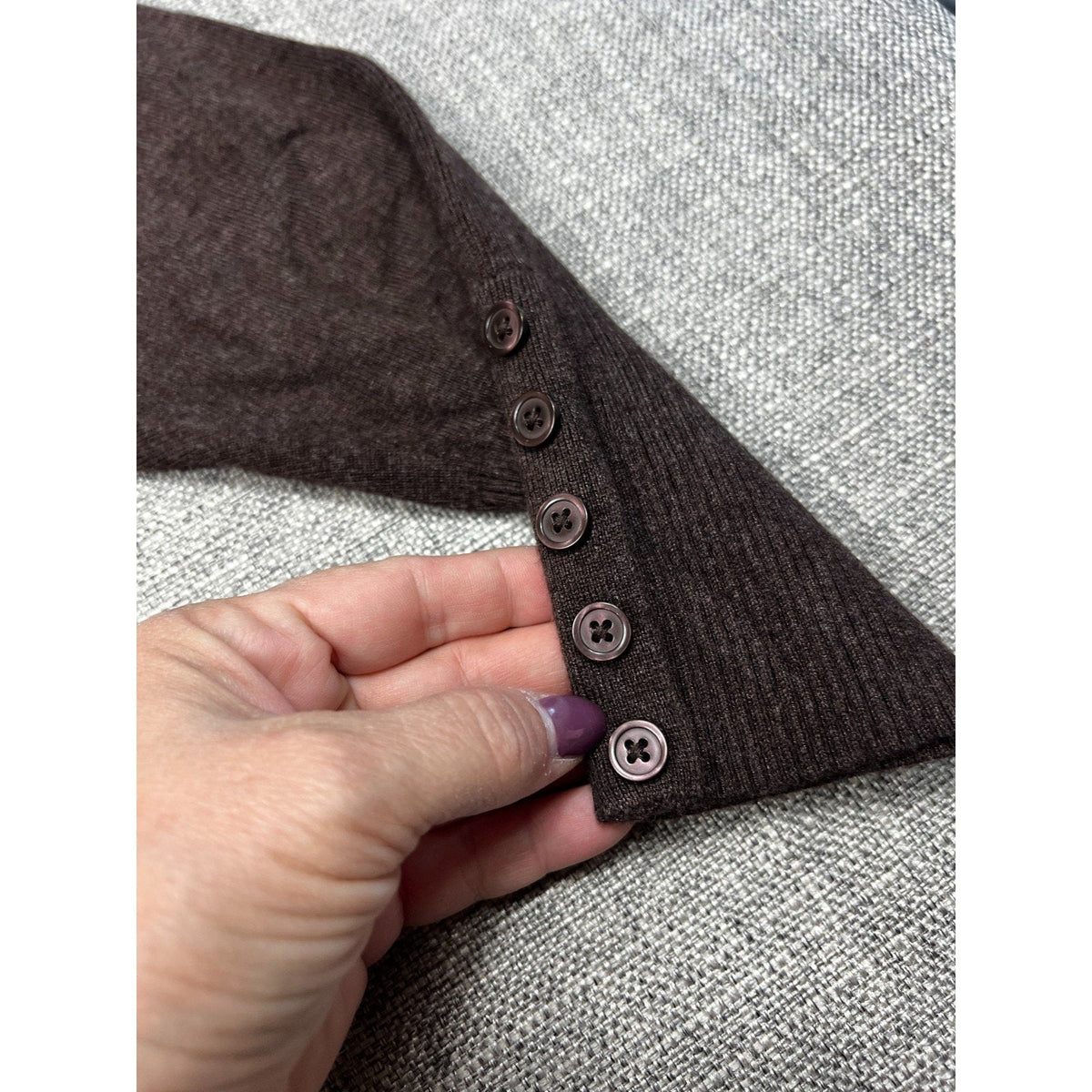 Second Half Supply Co, LLC chocolate brown Lane Bryant turtleneck sweater sleeve with five button cuff detail