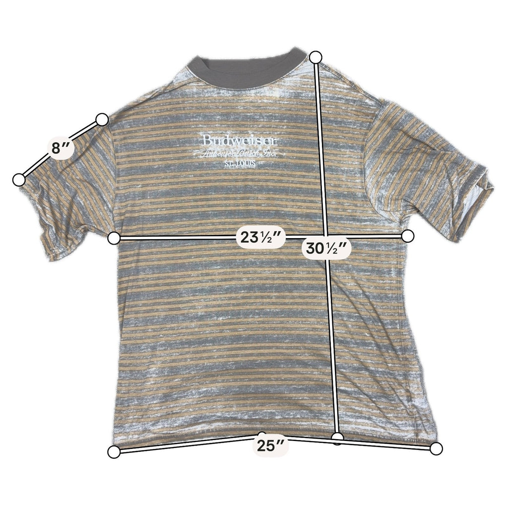 Second Half Supply Co, LLC Budweiser x PacSun gray and tan striped t-shirt with embroidered logo and washed finish.