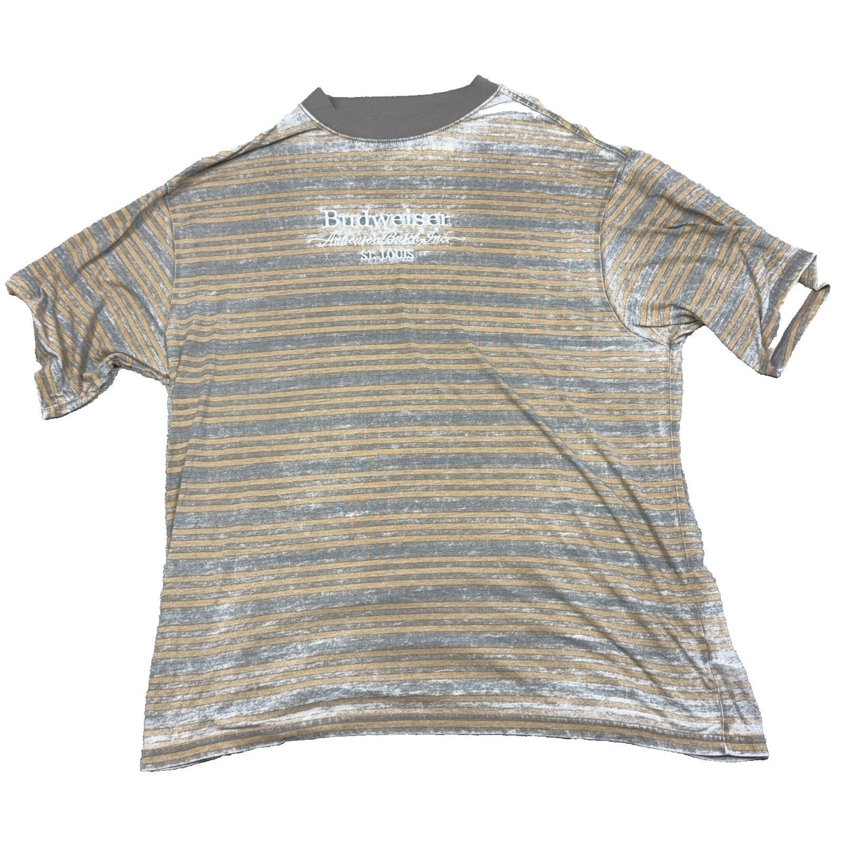 Second Half Supply Co, LLC Budweiser x PacSun striped t-shirt in gray and tan with a vintage washed finish.