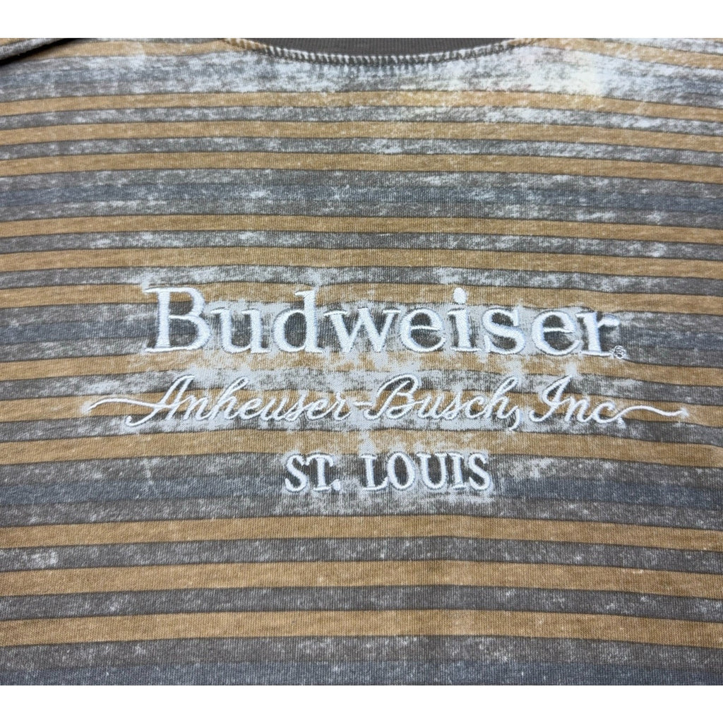 Second Half Supply Co, LLC Budweiser x PacSun gray and tan striped t-shirt with white embroidered beer logo detail