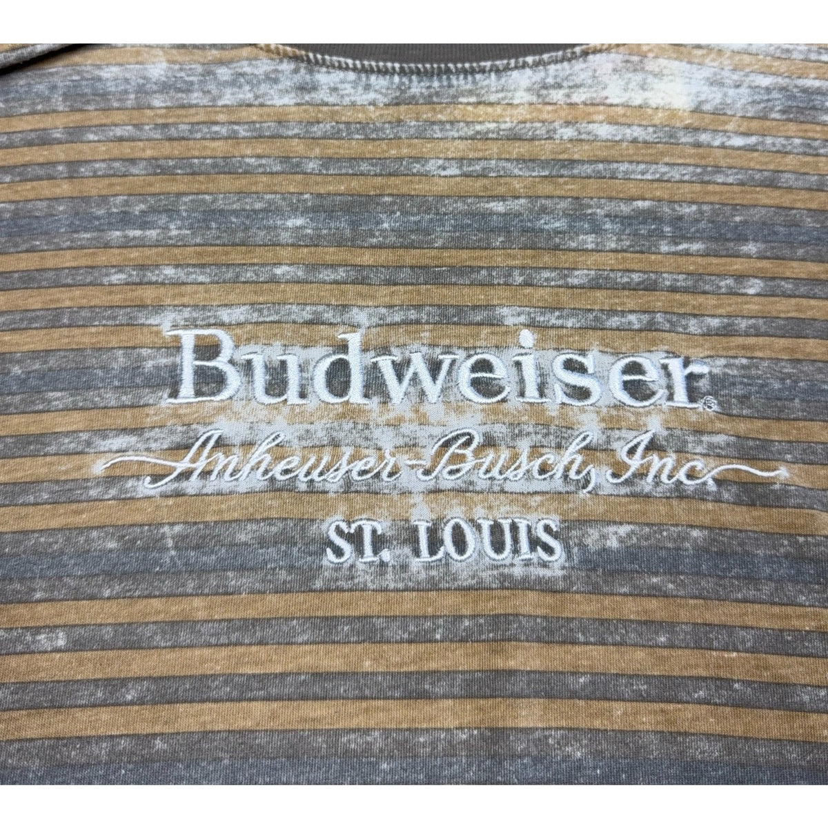 Second Half Supply Co, LLC Budweiser x PacSun gray and tan striped t-shirt with white embroidered beer logo detail