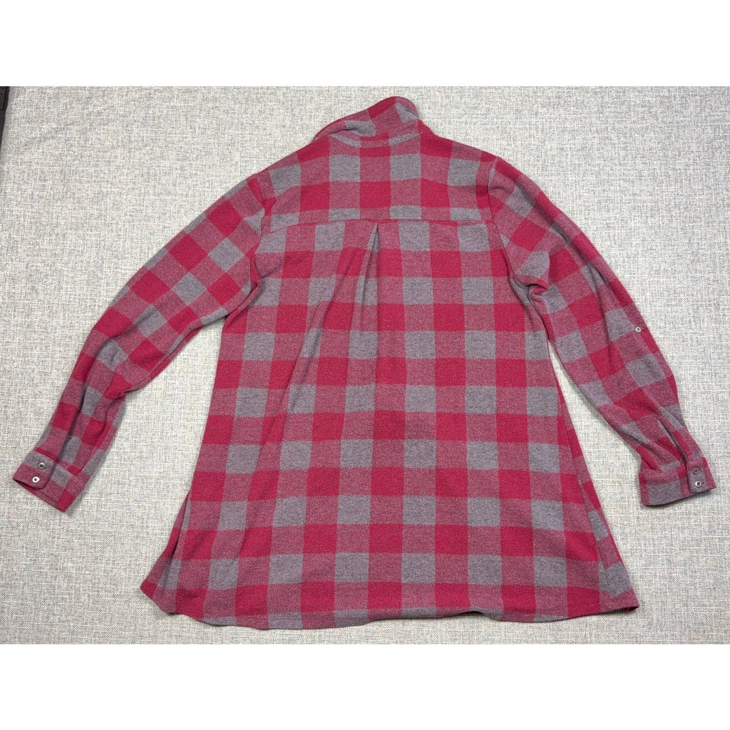 Second Half Supply Co, LLC red and gray buffalo check knit tunic with a pleated back and long sleeves, back view