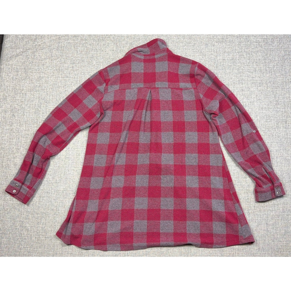 Second Half Supply Co, LLC red and gray buffalo check knit tunic with a pleated back and long sleeves, back view