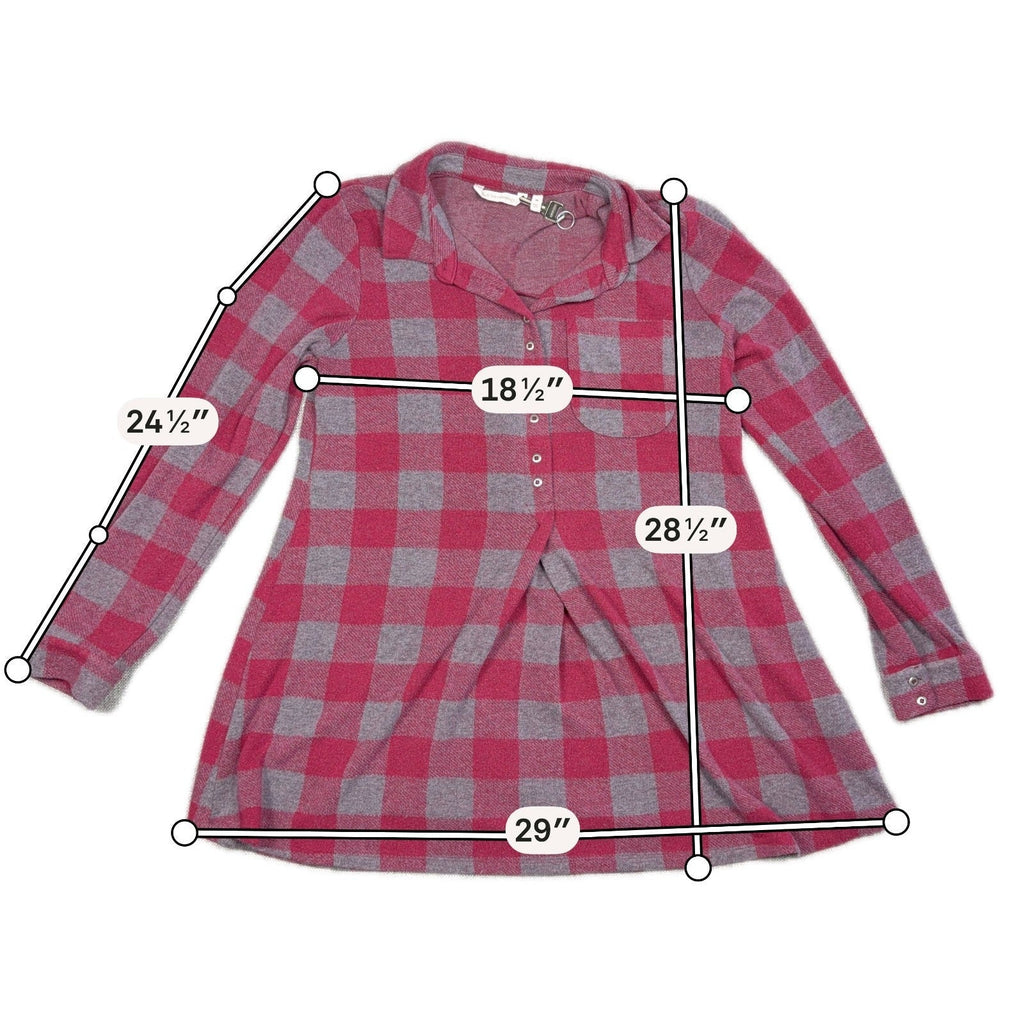 Second Half Supply Co, LLC Soft Surroundings red and gray buffalo check knit tunic with measurements overlay