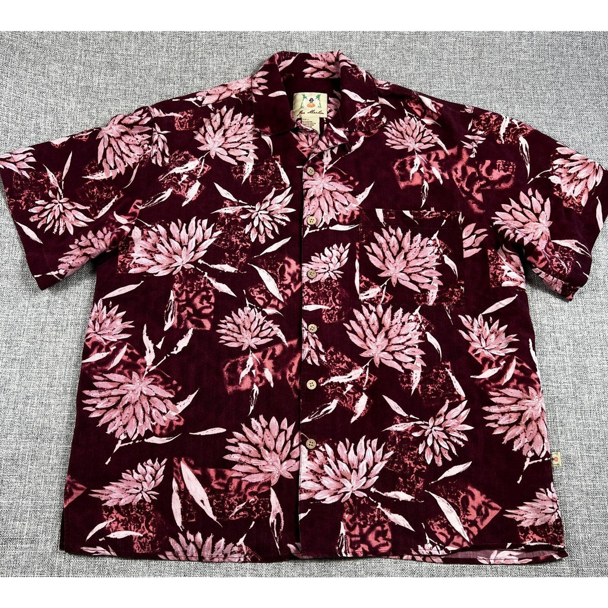 Second Half Supply Co, LLC Joe Marlin burgundy and pink floral rayon Hawaiian shirt with a camp collar