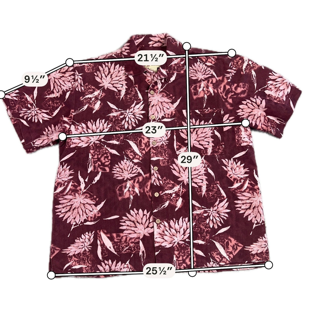 Second Half Supply Co, LLC Joe Marlin burgundy and pink floral rayon Hawaiian shirt with a camp collar