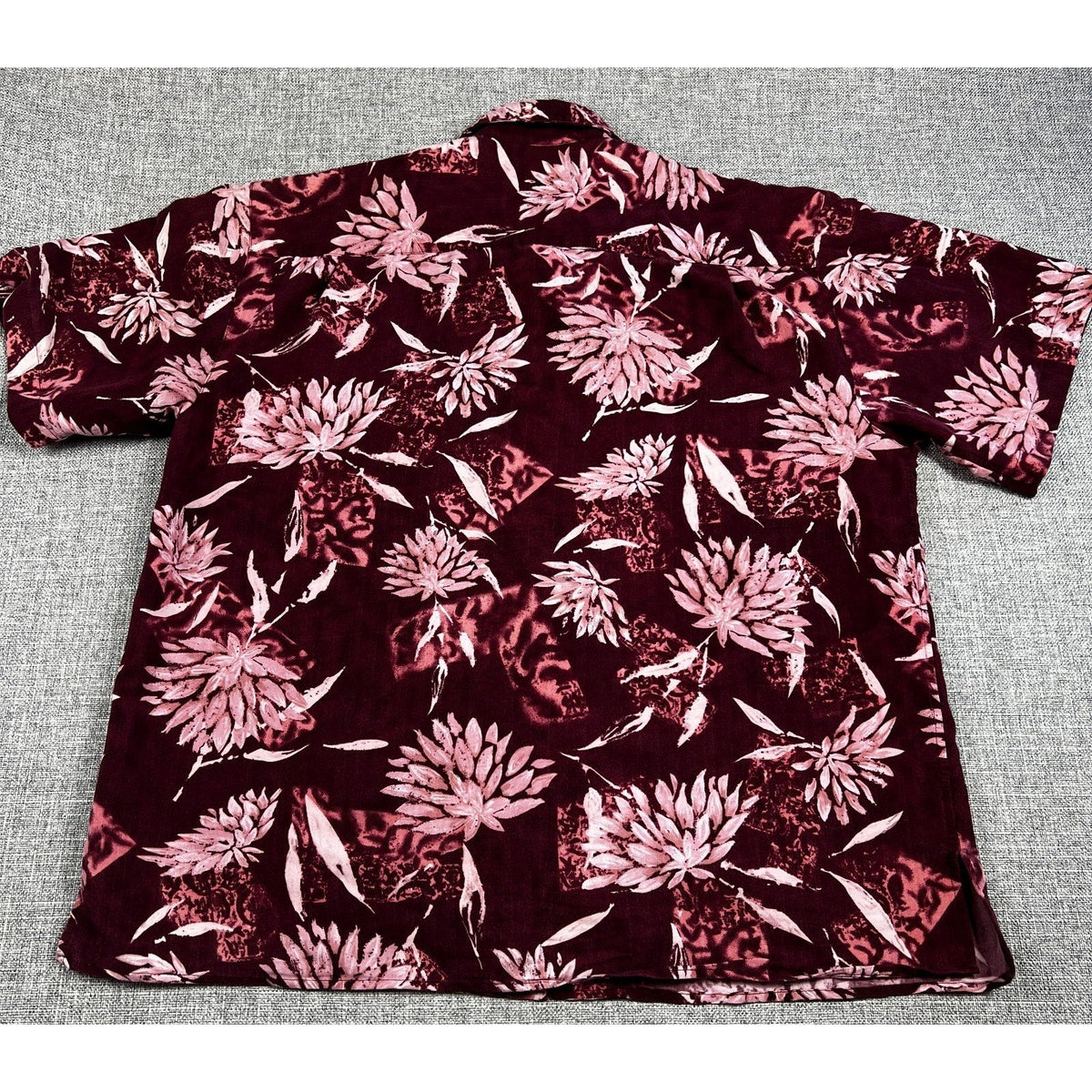 Back view of a Second Half Supply Co, LLC burgundy and pink floral rayon Hawaiian shirt with a camp collar.