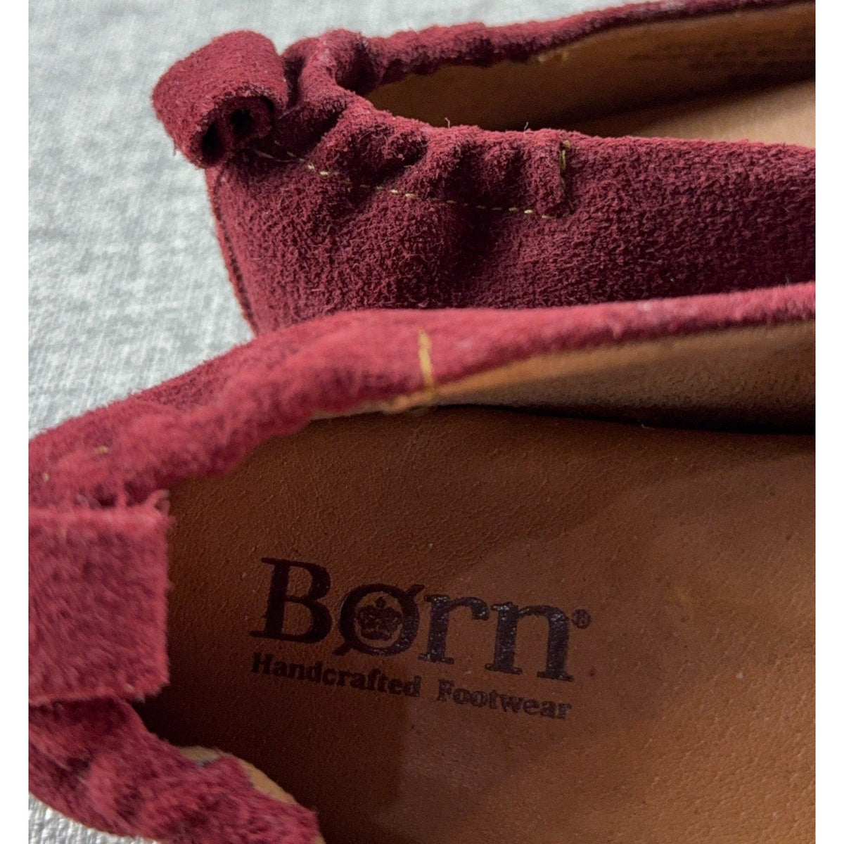 Second Half Supply Co, LLC burgundy suede Born smoking loafers with interior branding and gathered heel detail