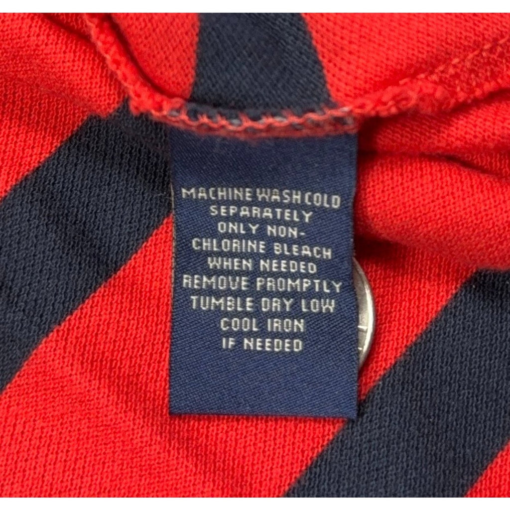 Second Half Supply Co, LLC care tag on a red and navy striped cotton Polo Jeans Co Ralph Lauren shirt