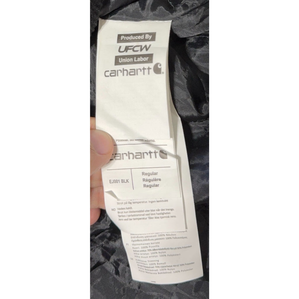 Second Half Supply Co, LLC Carhartt garment care and origin label showing union labor and material composition details